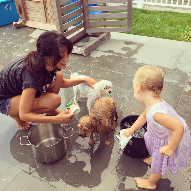 Хилари Болдуин вместе с дочкой устроили банный день для домашних питомцев